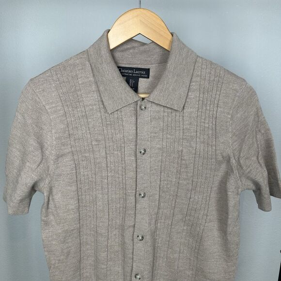 Christian Lacroix Sweater Shirt Mens Small Beige 100% Extra Fine Merino Wool - Picture 2 of 9
